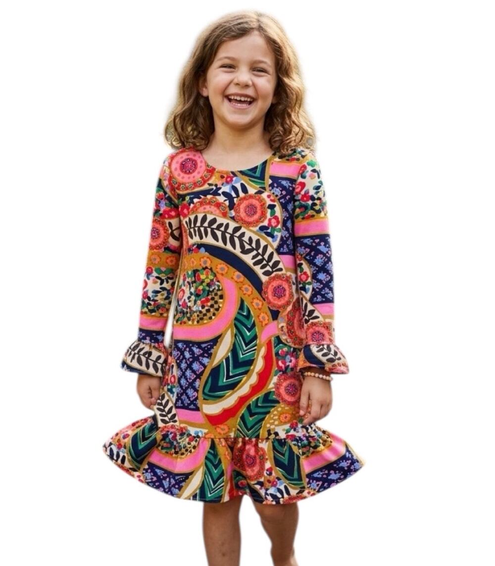 Lands End Colorful Knit Dress Girls Size 7 Ruffled Floral Paisley Bold Boho